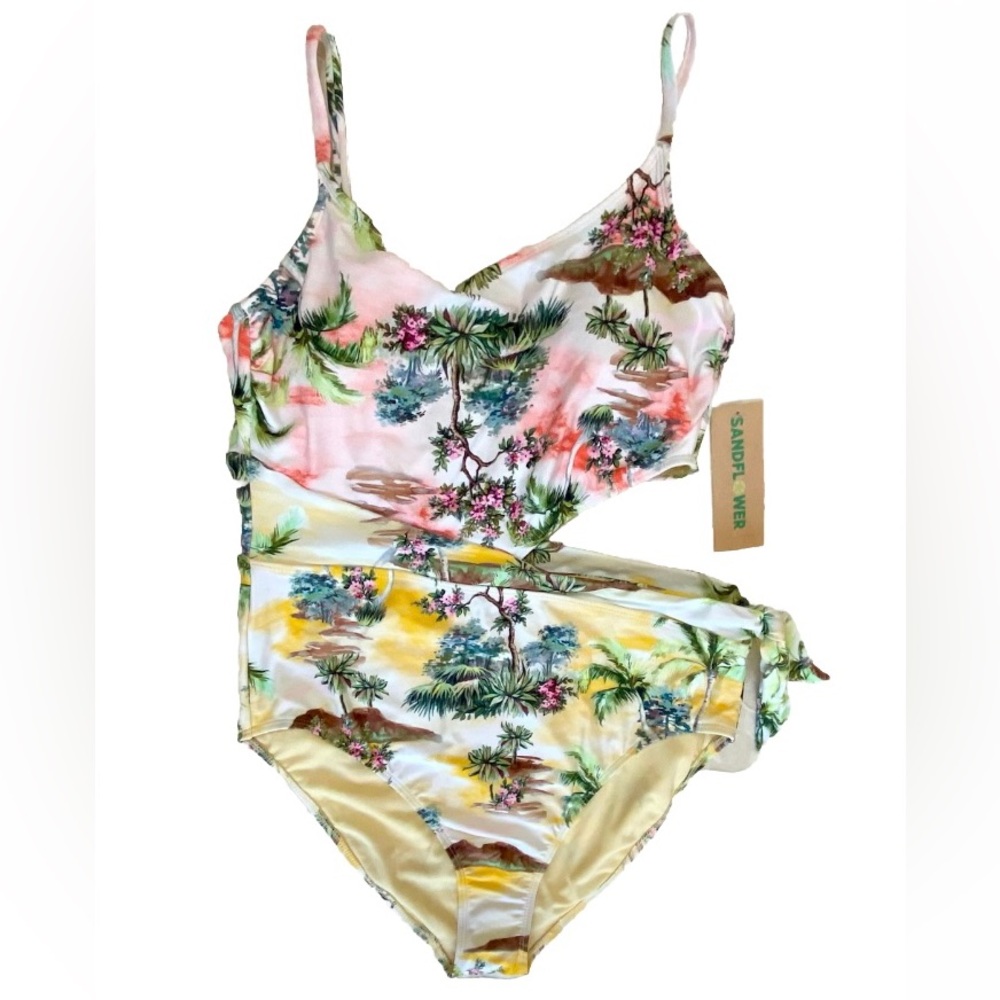 🆕 Sandflower Swimsuit Womens XL Floral Tropical Cutout Scarf Bathing Suit NWT